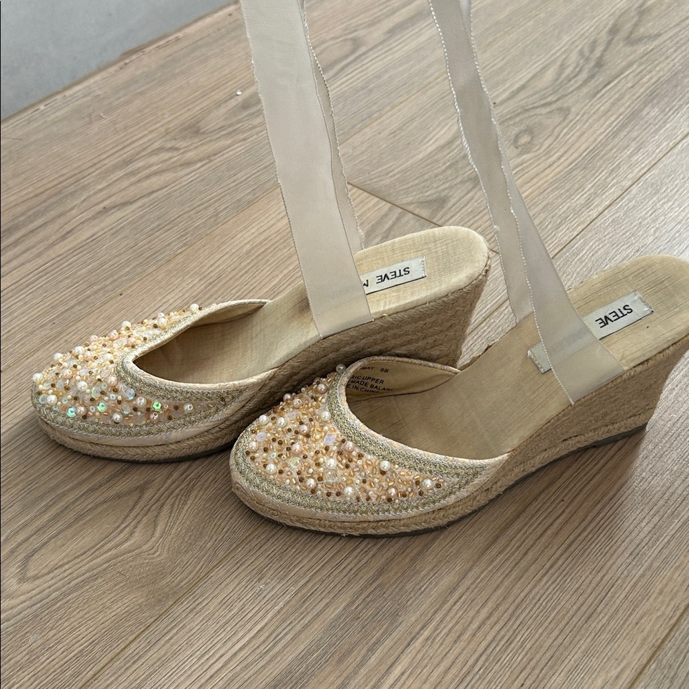 Steve Madden Tan Espadrilles with Pearl Accents